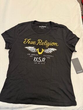 True Religion Black Graphic Logo Tee with Yellow and White Wings